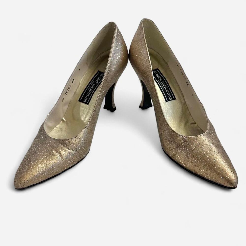 Vintage Stuart Weitzman narrow width 8.5 heels Old Hollywood gold glitter classy